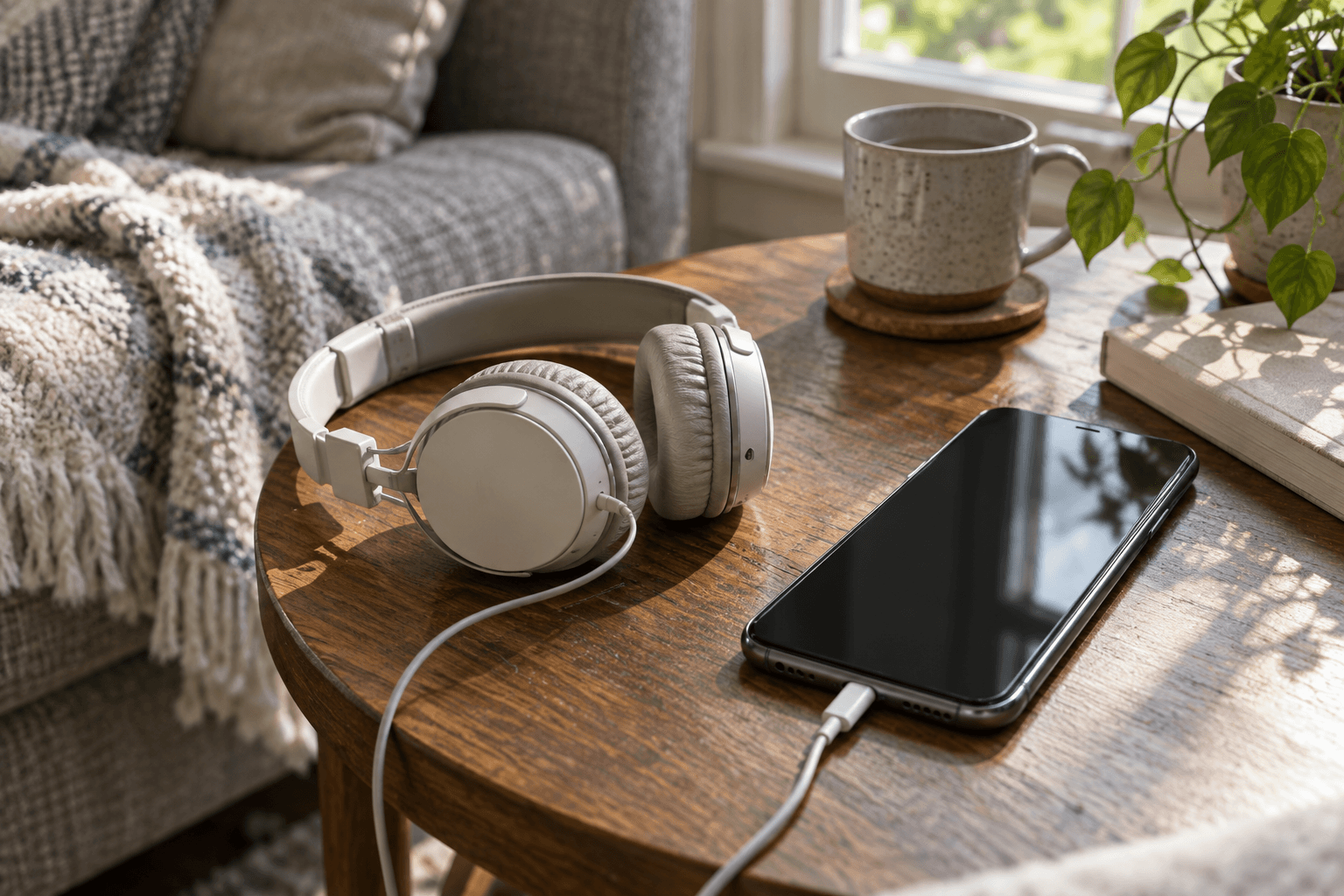 AI concept image of ordinary headphones and a phone on a home side table.