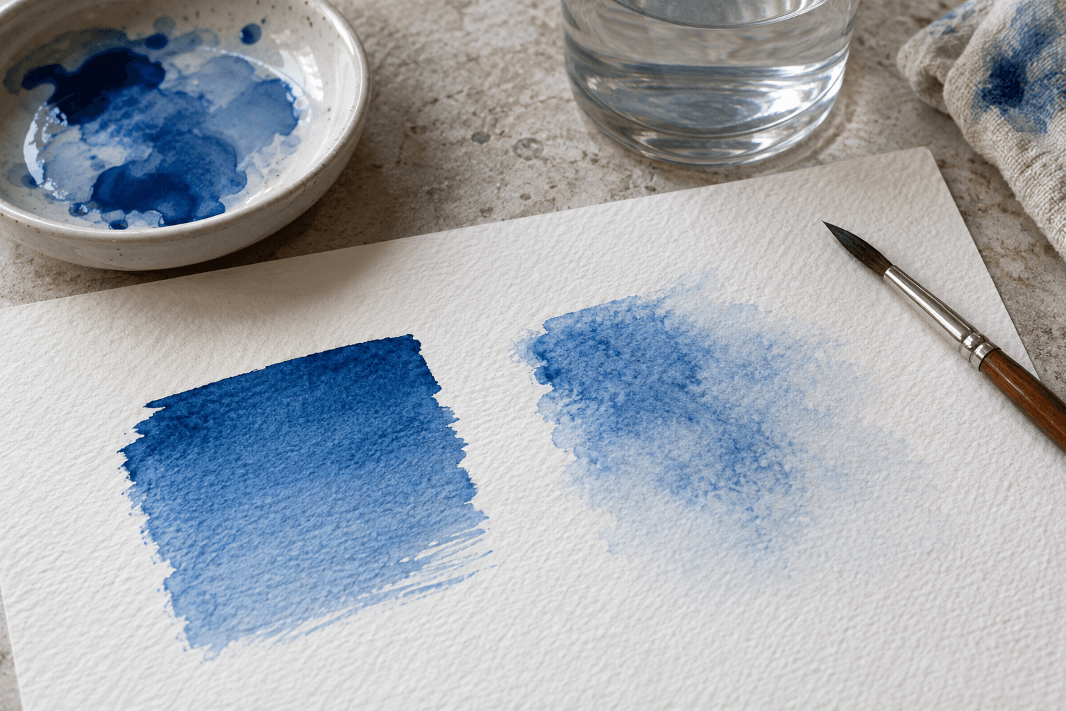AI concept photograph of blue watercolor patches with crisp and soft edges on textured paper.