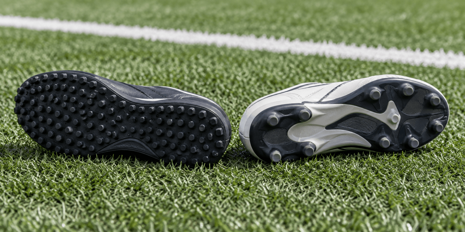 AI concept image showing a rubber-nub turf shoe and a rounded-stud AG soccer shoe on artificial grass.