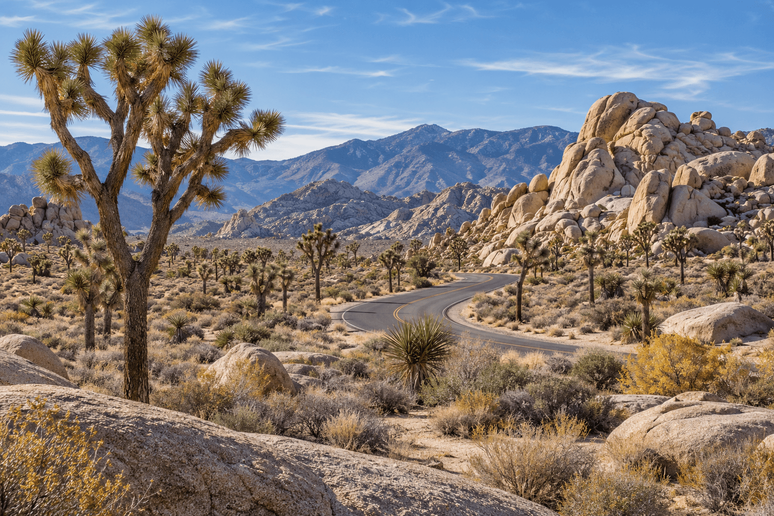 Concept landscape of Joshua trees, granite boulders and a winding desert road.