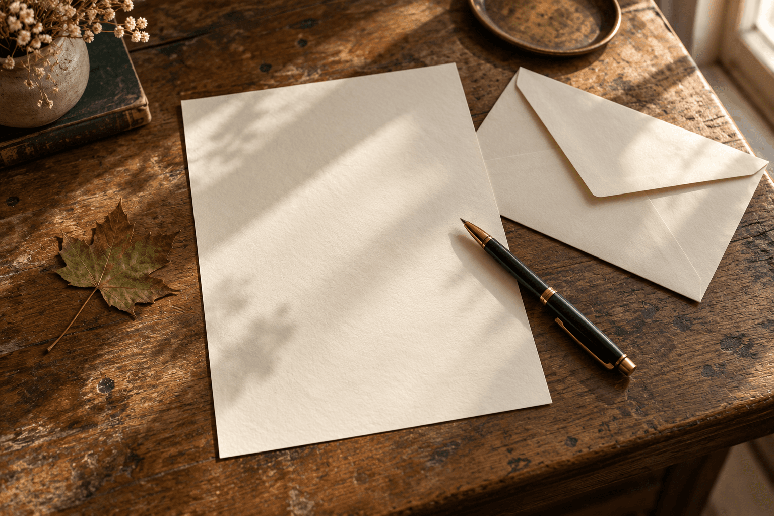 A blank cream sheet, pen and unaddressed envelope rest in afternoon window light.