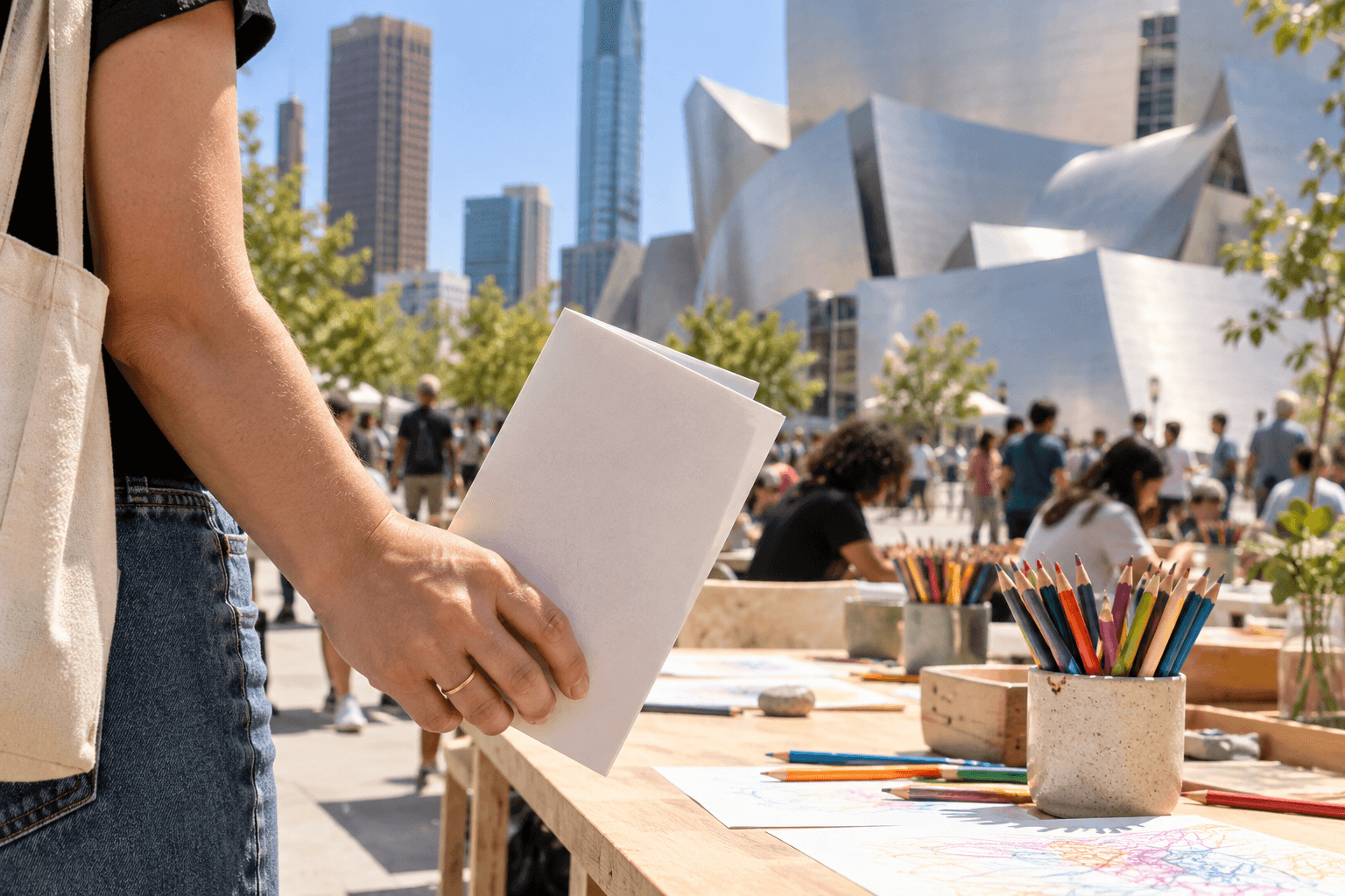 Hand holding a blank folded program beside art supplies on a sunny civic plaza table