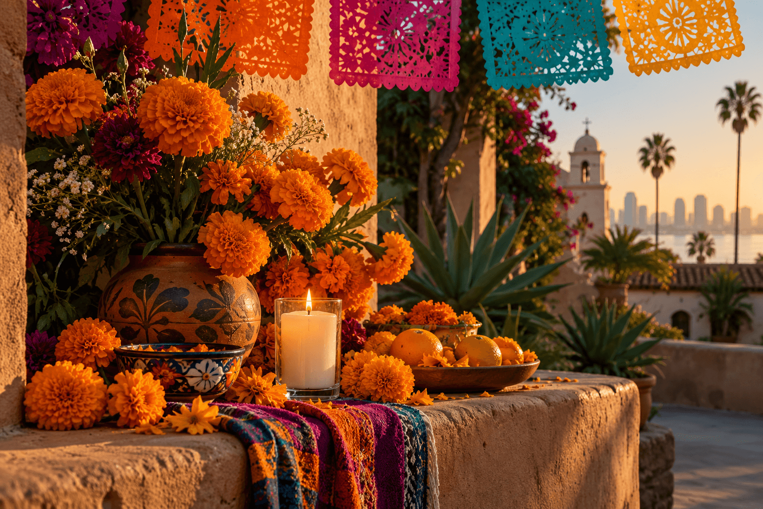 Orange marigolds and an unmarked candle beside cut-paper decorations on an adobe courtyard ledge