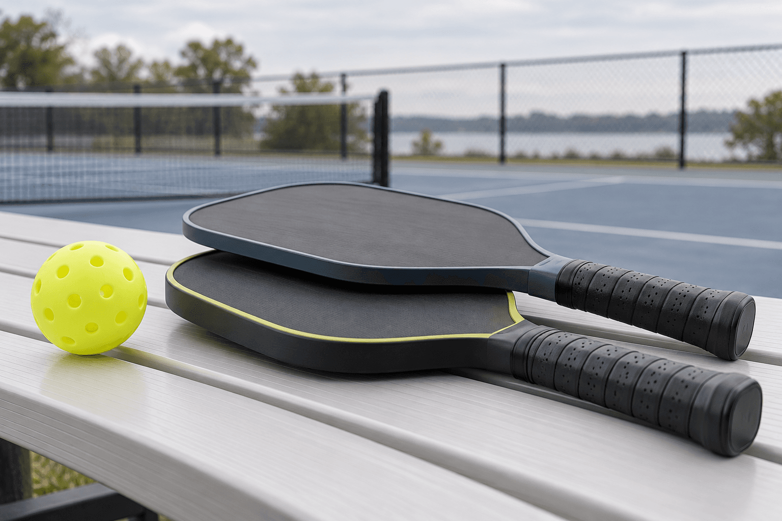 Two unbranded pickleball paddles with visibly different edge thicknesses beside a yellow ball on a court bench