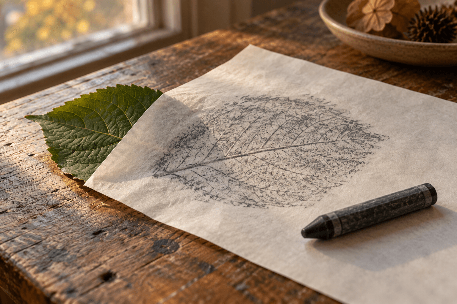 Graphite-colored leaf-vein rubbing on thin paper over a partly exposed green leaf, beside a dark crayon