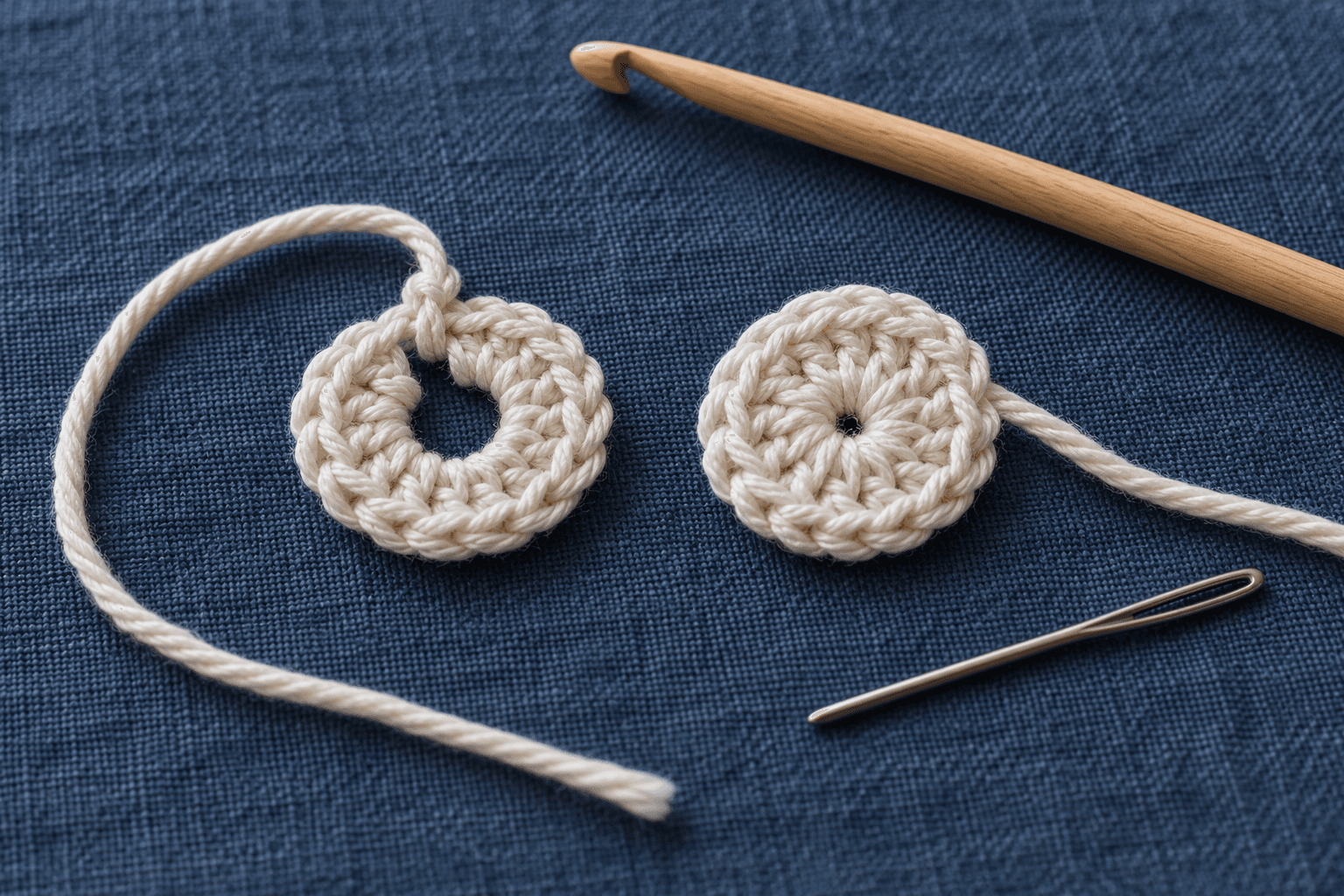 Two small cream crochet starting circles on blue fabric, one open and one more tightly closed, with long tails and a hook