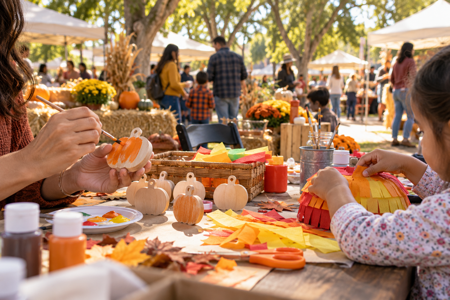 An adult and a child painting small wooden pumpkin ornaments at an outdoor autumn craft table, with tissue-paper decorations and blurred festival stalls behind