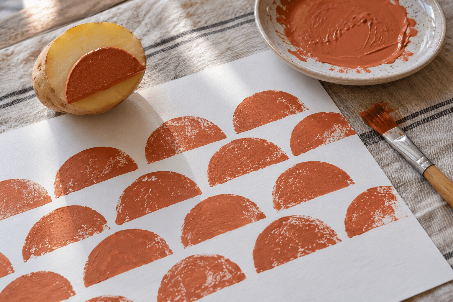 A potato stamp, brush and terracotta semicircle prints in staggered rows on white paper
